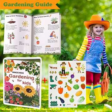 INNOCHEER Kids Gardening Tools, 9 Piece Garden Tool Set for Kids with Gardening Guide Book, Watering Can, Gloves, Shovel, Rake, Trowel, Kids Smock and Hat, All in One Gardening Tools