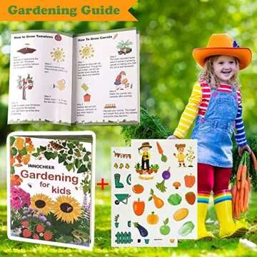 INNOCHEER Kids Gardening Tools, 9 Piece Garden Tool Set for Kids with Gardening Guide Book, Watering Can, Gloves, Shovel, Rake, Trowel, Kids Smock and Hat, All in One Gardening Tools