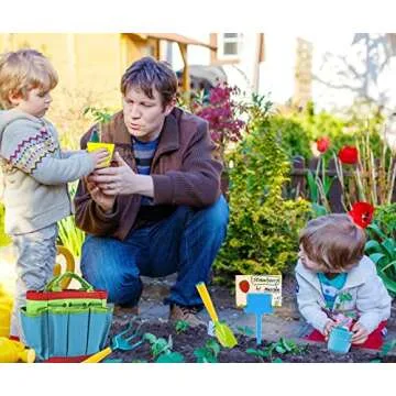 INNOCHEER Kids Gardening Tools, 9 Piece Garden Tool Set for Kids with Gardening Guide Book, Watering Can, Gloves, Shovel, Rake, Trowel, Kids Smock and Hat, All in One Gardening Tools