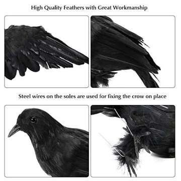 WEBSUN Halloween Crow Decorations 5 Pack, Realistic Handmade Black Feather Crows Prop Fly and Stand ...