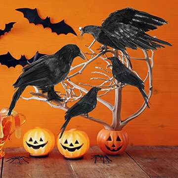 WEBSUN Halloween Crow Decorations 5 Pack, Realistic Handmade Black Feather Crows Prop Fly and Stand Crows Ravens for Outdoors and Indoors Halloween Decorations