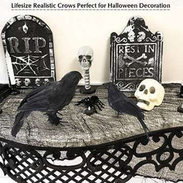 WEBSUN Halloween Crow Decorations 5 Pack, Realistic Handmade Black Feather Crows Prop Fly and Stand Crows Ravens for Outdoors and Indoors Halloween Decorations
