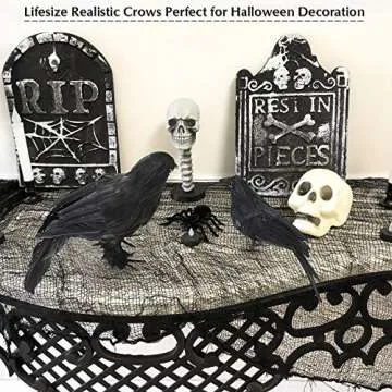 WEBSUN Halloween Crow Decorations 5 Pack, Realistic Handmade Black Feather Crows Prop Fly and Stand Crows Ravens for Outdoors and Indoors Halloween Decorations