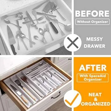 SpaceAid Bamboo Silverware Drawer Organizer with Labels, Kitchen Utensil Expandable Tray Holder Orga...