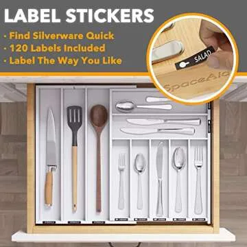 SpaceAid Bamboo Silverware Drawer Organizer with Labels, Kitchen Utensil Expandable Tray Holder Organizer for Flatware, Cutlery, Spoon and Knives Drawer Storage Organization (White, 10 Slots)