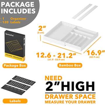 SpaceAid Bamboo Silverware Drawer Organizer with Labels, Kitchen Utensil Expandable Tray Holder Organizer for Flatware, Cutlery, Spoon and Knives Drawer Storage Organization (White, 10 Slots)