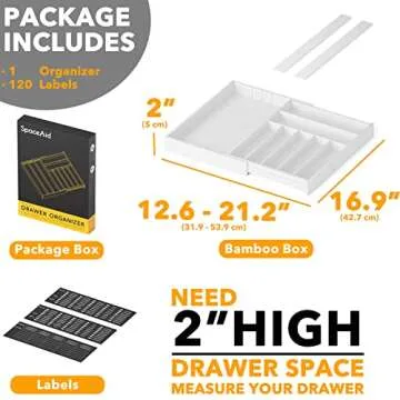 SpaceAid Bamboo Silverware Drawer Organizer with Labels, Kitchen Utensil Expandable Tray Holder Organizer for Flatware, Cutlery, Spoon and Knives Drawer Storage Organization (White, 10 Slots)