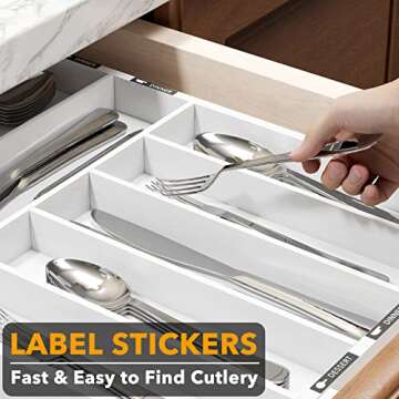 SpaceAid Bamboo Silverware Drawer Organizer with Labels, Kitchen Utensil Expandable Tray Holder Organizer for Flatware, Cutlery, Spoon and Knives Drawer Storage Organization (White, 10 Slots)