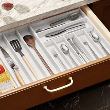 SpaceAid Bamboo Silverware Drawer Organizer with Labels, Kitchen Utensil Expandable Tray Holder Organizer for Flatware, Cutlery, Spoon and Knives Drawer Storage Organization (White, 10 Slots)