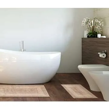 Cotton Bath Mat Rug 2 Piece Set - Linen Beige, Reversible Bathroom Rugs Soft & Absorbent Quick Dry Mats, Washable Plush Hand Tufted Rugs for Shower, Bath Tub, Toilet - 21x34 & 17x24 Inches