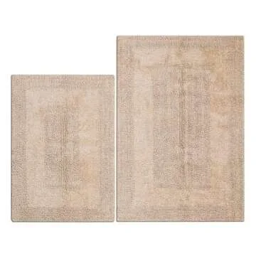Cotton Bath Mat Rug 2 Piece Set - Linen Beige, Reversible Bathroom Rugs Soft & Absorbent Quick Dry Mats, Washable Plush Hand Tufted Rugs for Shower, Bath Tub, Toilet - 21x34 & 17x24 Inches