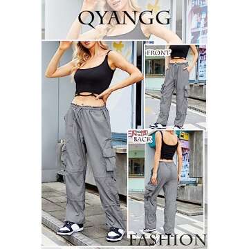 QYANGG Baggy Parachute Pants for Women& Girls Drawstring Elastic Low Waist Ruched Cargo Pants Multiple Pockets Jogger Y2K Grey