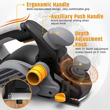 Electric Planer, JELLAS 7.5-Amp 16500 Rpm Power Hand Planer, 3-1/4 Inch Cut Width, Dual-dust out Sys...