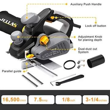 Electric Planer, JELLAS 7.5-Amp 16500 Rpm Power Hand Planer, 3-1/4 Inch Cut Width, Dual-dust out System, Dual-handle Design, Blade Protector, 2 Reversible HSS Blades and 2 Carbon Brushes, EP01