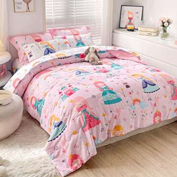 Wajade Kids Pink Princess Comforter Set Bed in a Bag Twin Size 7 Piece Princess Fairy Tales Castle B...