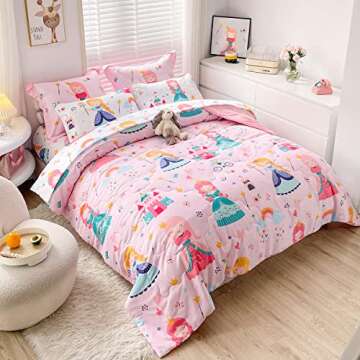 Wajade Kids Pink Princess Comforter Set Bed in a Bag Twin Size 7 Piece Princess Fairy Tales Castle Bedding Set for Girls (1 Comforter, 1 Flat Sheet, 1 Fitted Sheet, 2 Pillowcase and 2 Pillow Sham)