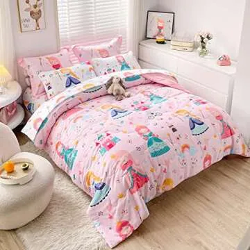 Wajade Kids Pink Princess Comforter Set Bed in a Bag Twin Size 7 Piece Princess Fairy Tales Castle Bedding Set for Girls (1 Comforter, 1 Flat Sheet, 1 Fitted Sheet, 2 Pillowcase and 2 Pillow Sham)