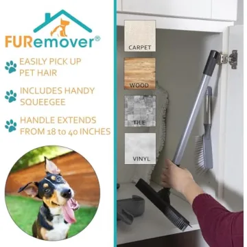 FURemover Compact Pet Hair Rubber Broom with Squeegee, with Handle That Telescopes up to 40" for Carpet, Tile and Hardwood