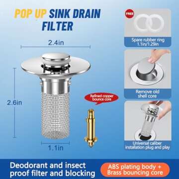 2PC Bathroom Sink Stopper Hair Catcher, Pop Up Sink Drain Filter with Removable Stainless Steel Filter Basket Hair Catcher, for US Bathroom Sink Stopper Replacement.