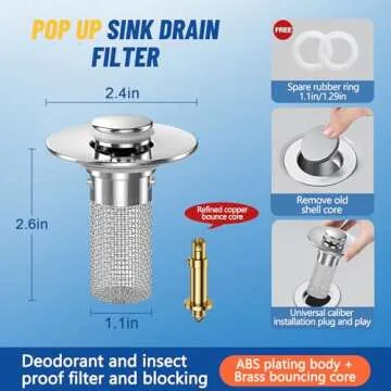 2PC Bathroom Sink Stopper Hair Catcher, Pop Up Sink Drain Filter with Removable Stainless Steel Filter Basket Hair Catcher, for US Bathroom Sink Stopper Replacement.
