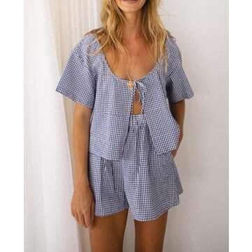 KMBANGI Women Tie Front 2 Piece Pajama Gingham Lounge Set Short Sleeve Babydoll Shirt Blouse Plaid B...