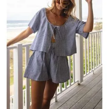 KMBANGI Women Tie Front 2 Piece Pajama Gingham Lounge Set Short Sleeve Babydoll Shirt Blouse Plaid Boxer Shorts Y2k Matching Pj(A13 Blue Gingham Plaid,L)