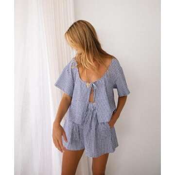 KMBANGI Women Tie Front 2 Piece Pajama Gingham Lounge Set Short Sleeve Babydoll Shirt Blouse Plaid Boxer Shorts Y2k Matching Pj(A13 Blue Gingham Plaid,L)
