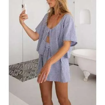 KMBANGI Women Tie Front 2 Piece Pajama Gingham Lounge Set Short Sleeve Babydoll Shirt Blouse Plaid Boxer Shorts Y2k Matching Pj(A13 Blue Gingham Plaid,L)