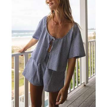 KMBANGI Women Tie Front 2 Piece Pajama Gingham Lounge Set Short Sleeve Babydoll Shirt Blouse Plaid Boxer Shorts Y2k Matching Pj(A13 Blue Gingham Plaid,L)