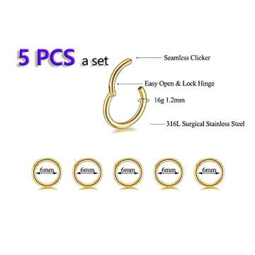 5Pcs 16G 18G Surgical Steel Nose Rings Hoop Tragus Septum Cartilage Hoop Earrings For Women Men Body...