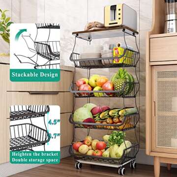 Fruit Basket Kitchen Pantry Organizers and Storage - Wooden Top Table, Stackable Metal Wire Basket S...