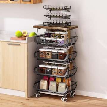 Fruit Basket Kitchen Pantry Organizers and Storage - Wooden Top Table, Stackable Metal Wire Basket Stand Cart For Fruit Vegetable Snacks Jars Bins Containers Organization, Black