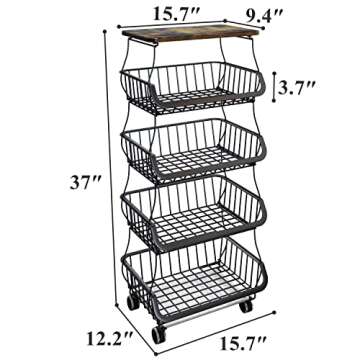 Fruit Basket Kitchen Pantry Organizers and Storage - Wooden Top Table, Stackable Metal Wire Basket Stand Cart For Fruit Vegetable Snacks Jars Bins Containers Organization, Black