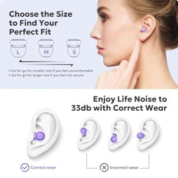 Ear Plugs for Sleep Noise Canceling, Noise Reusable Sound Blocking Ear Plugs, Hearing Protection & Soft Silicone Earplugs for Sleeping, Snoring, Flights - 3 Pairs S/M/L & Connectop Cord（Purple）