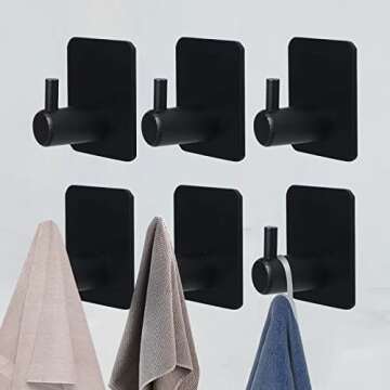 VAEHOLD Black Adhesive Hooks 6 Pack, Heavy Duty Wall Hooks Aluminum Hooks for Hanging Coat, Hat, Tow...