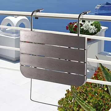 Balcony Railing Table Outdoor Hanging Folding Balcony Bar Table for Railings Patio Table on Railing Aluminium Metal Side Table Adjustable 23.6"(L) x 15.7"(W) Brown