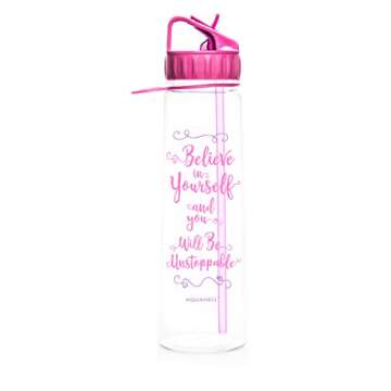 AQUANEÜ 30oz Inspirational Fitness Workout Sports Water Bottle with Time Marker | Measurements | Goal Marked Times for Measuring Your H2O Intake, BPA Free Non-Toxic Tritan (Believe Fuschia)