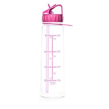 AQUANEÜ 30oz Inspirational Fitness Workout Sports Water Bottle with Time Marker | Measurements | Goal Marked Times for Measuring Your H2O Intake, BPA Free Non-Toxic Tritan (Believe Fuschia)