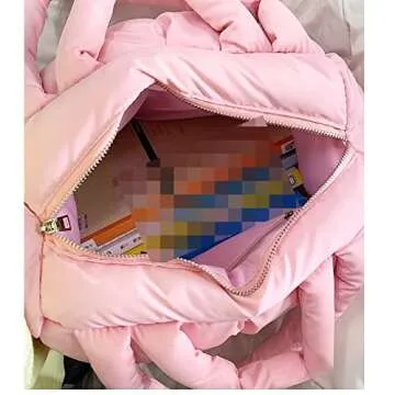 Puffer Tote Bag, Trendy Luxury Chic Quilted Large Padded Designer Handbags for Women Cotton Winter Soft Shoulder Bag for Women (Brown-C)