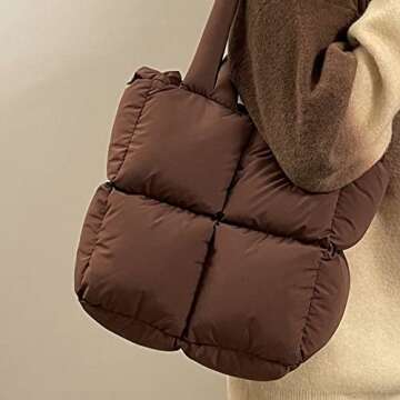 Puffer Tote Bag, Trendy Luxury Chic Quilted Large Padded Designer Handbags for Women Cotton Winter Soft Shoulder Bag for Women (Brown-C)