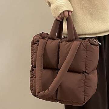 Puffer Tote Bag, Trendy Luxury Chic Quilted Large Padded Designer Handbags for Women Cotton Winter Soft Shoulder Bag for Women (Brown-C)
