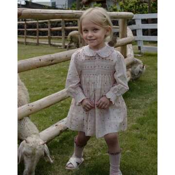 Twoflower Hand-Embroidered Dress - Smocking and Lace Vintage Autumn Long Sleeve Clothing Kids Toddle...