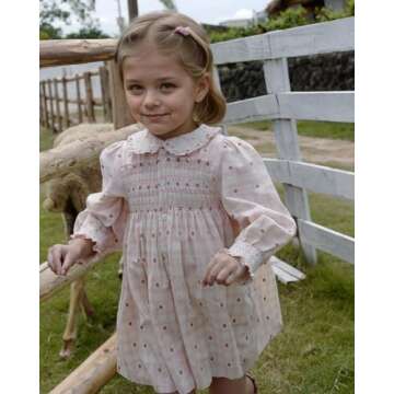 Twoflower Hand-Embroidered Dress - Smocking and Lace Vintage Autumn Long Sleeve Clothing Kids Toddler Holiday Birthday Party (US, Age, 4 Years) Off-White