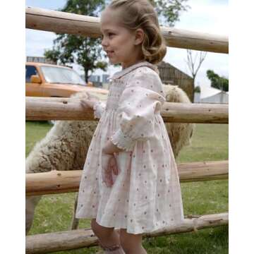 Twoflower Hand-Embroidered Dress - Smocking and Lace Vintage Autumn Long Sleeve Clothing Kids Toddler Holiday Birthday Party (US, Age, 4 Years) Off-White