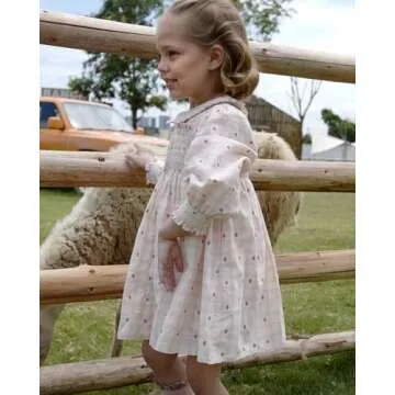 Twoflower Hand-Embroidered Dress - Smocking and Lace Vintage Autumn Long Sleeve Clothing Kids Toddler Holiday Birthday Party (US, Age, 4 Years) Off-White