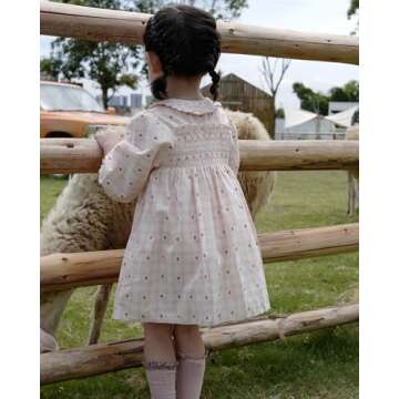 Twoflower Hand-Embroidered Dress - Smocking and Lace Vintage Autumn Long Sleeve Clothing Kids Toddler Holiday Birthday Party (US, Age, 4 Years) Off-White