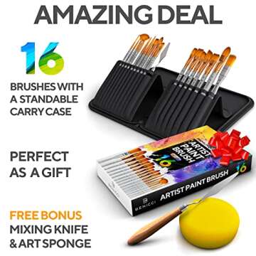 18 Pieces Premium Artist Paint Brush Set - Includes Palette Knife, Sponge, Organizing Case - 16 Painting Brushes for Kids, Adults & Professionals - Perfect for Watercolor, Oil, Acrylic Painting Art