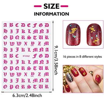 Blulu 32 Sheets Holographic Letter Nail Art Sticker Old English Alphabet Nail Art Sticker Gummed Adh...