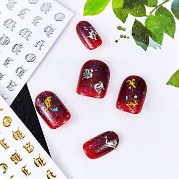 Blulu 32 Sheets Holographic Letter Nail Art Sticker Old English Alphabet Nail Art Sticker Gummed Adhesive Letter Nail Decal for Women Girls Salon Home DIY Nail Decoration, 8 Styles