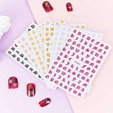 Blulu 32 Sheets Holographic Letter Nail Art Sticker Old English Alphabet Nail Art Sticker Gummed Adhesive Letter Nail Decal for Women Girls Salon Home DIY Nail Decoration, 8 Styles
